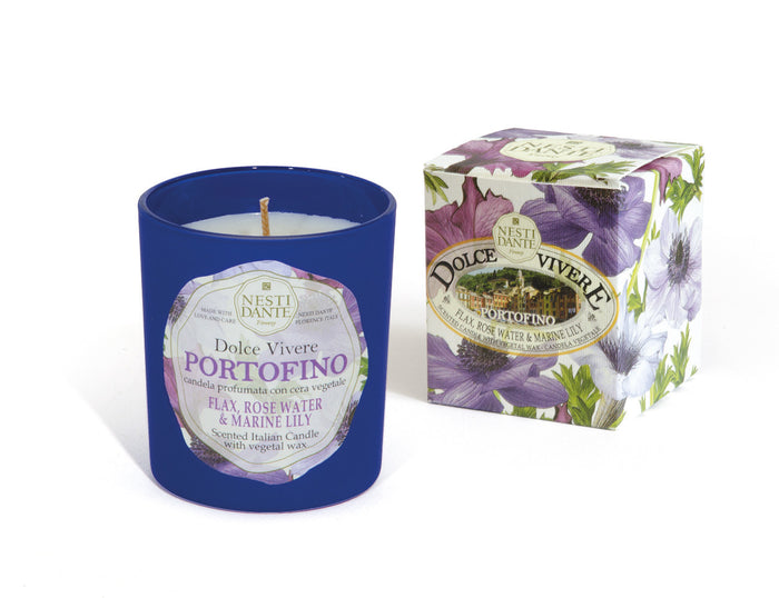 Candela Dolce Vivere Portofino 160 g con vaso blu e confezione decorata floreale