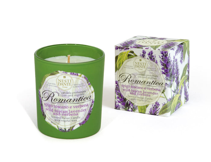 Green scented candle jar with Romantica label; Tuscan lavender & verbena