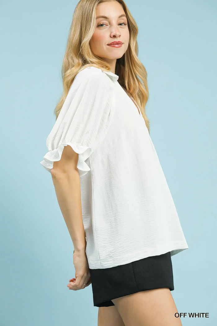 Off-White Collared V-Neck Puff Sleeve Top
