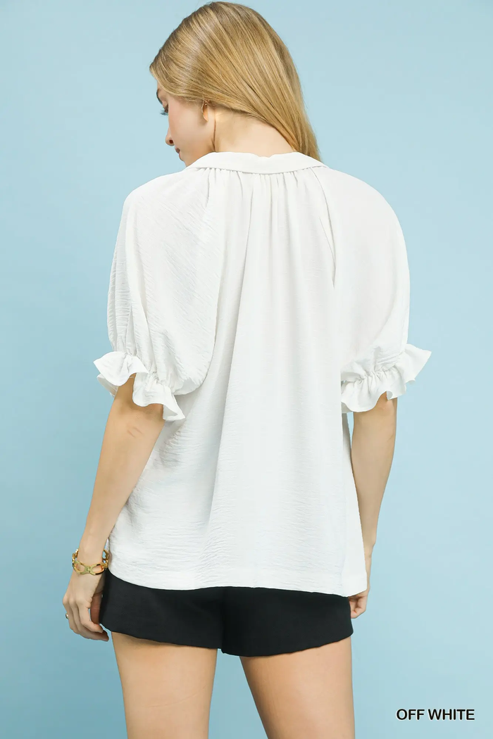 Off-White Collared V-Neck Puff Sleeve Top