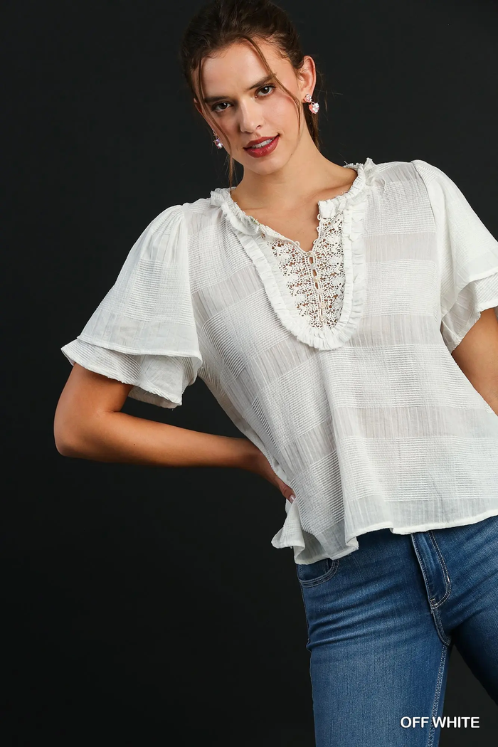 Off-White Textured Short Ruffle Sleeve Babydoll Top