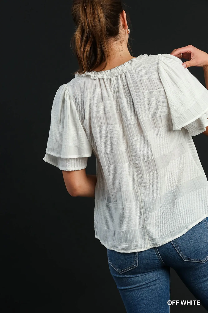 Off-White Textured Short Ruffle Sleeve Babydoll Top