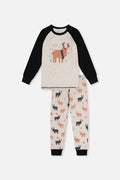 Organic Cotton Two Piece Pajama Set Beige Elk Print-0