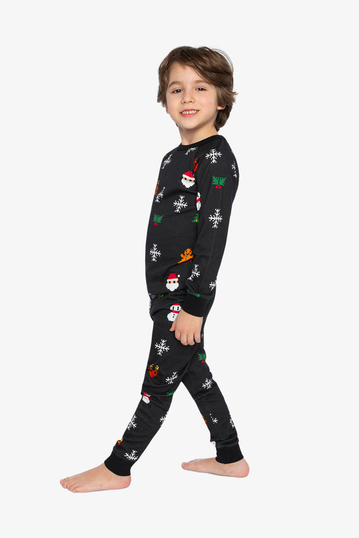 Organic Cotton Two Piece Pajama Set Black Christmas Pixel Print-2