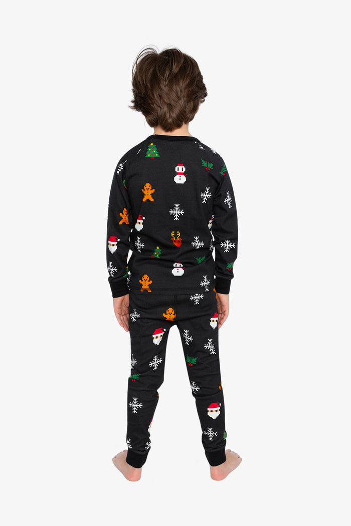 Organic Cotton Two Piece Pajama Set Black Christmas Pixel Print-3