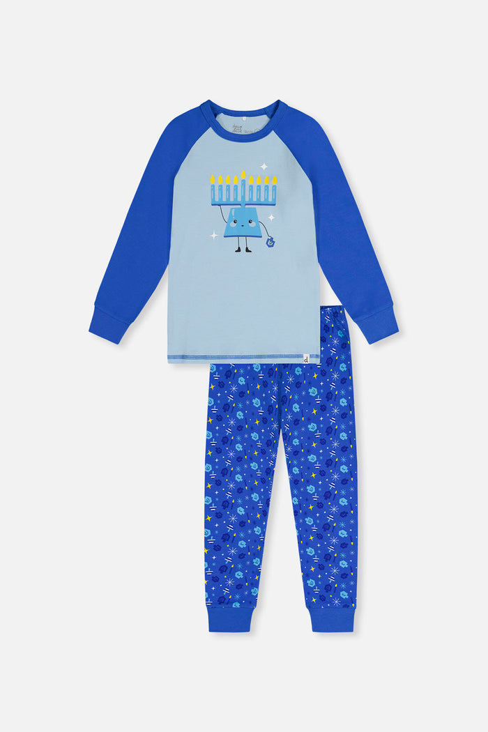 Organic Cotton Two Piece Pajama Set Blue Hanukkah Print-0