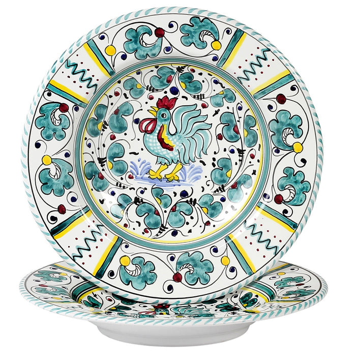 ORVIETO GREEN ROOSTER: Pasta/Soup Rimmed Bowl Plate