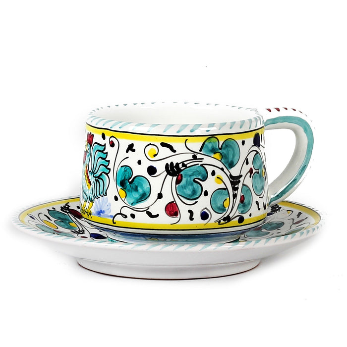 ORVIETO GREEN ROOSTER: Tea/Coffee Cup and Saucer