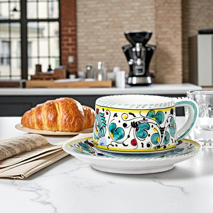 ORVIETO GREEN ROOSTER: Tea/Coffee Cup and Saucer