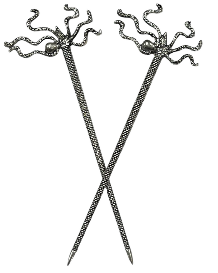 Antique Silver Pirate Squid Hair Sticks with detailed octopus-inspired tentacle design, nautical fantasy hair accessories, crossed front view.