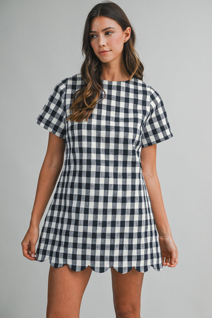 Plaid A-line Mini Dress With Scallop Hem