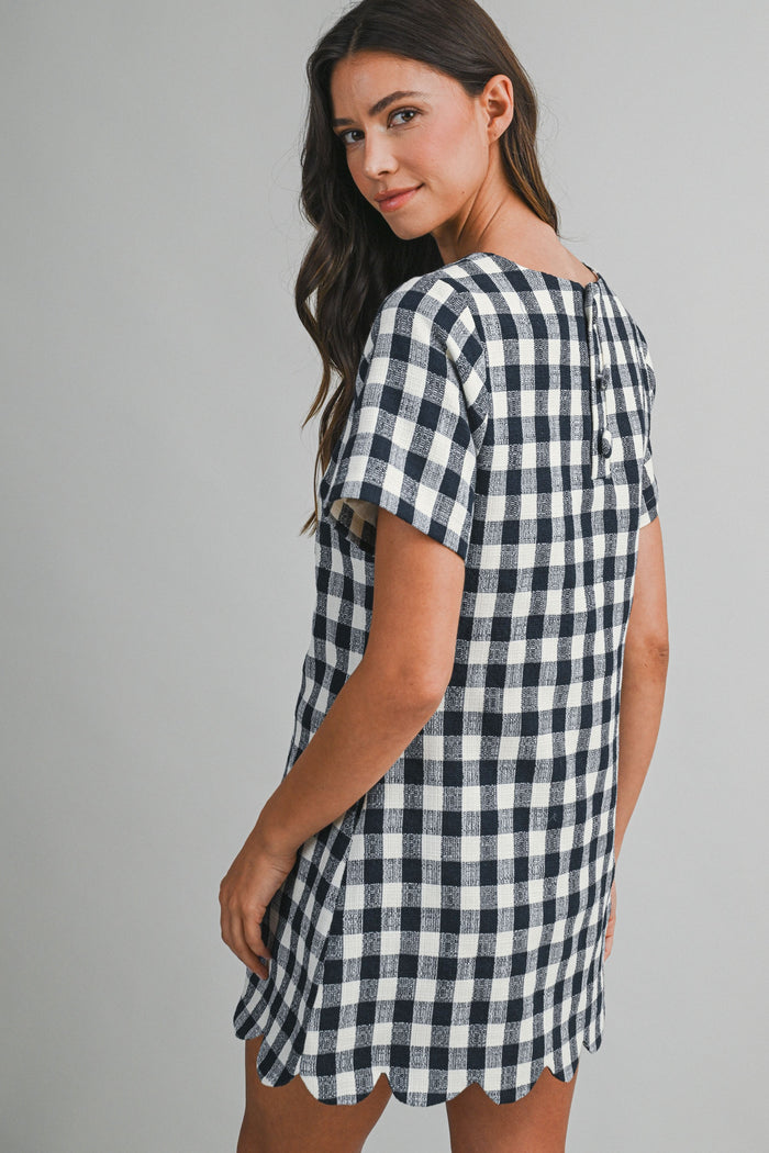 Plaid A-line Mini Dress With Scallop Hem