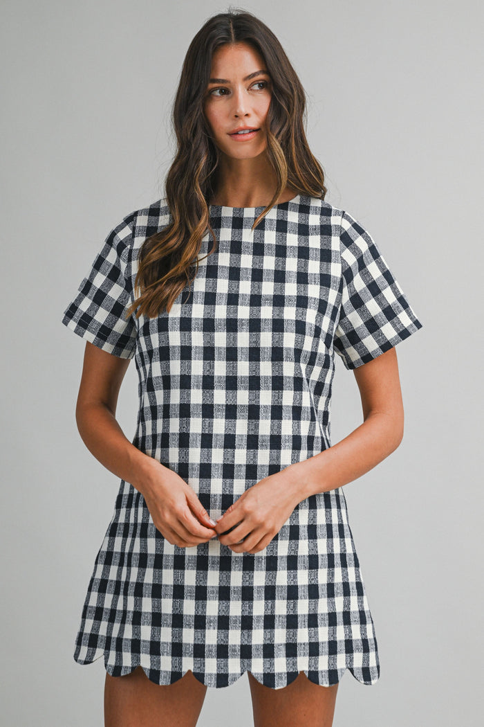 Plaid A-line Mini Dress With Scallop Hem