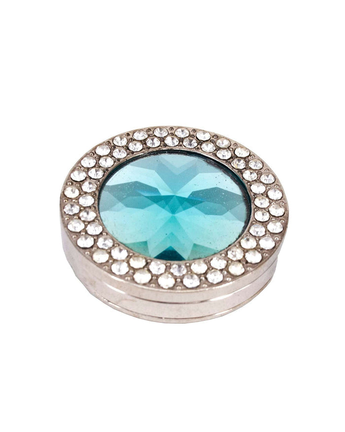Round purse holder hook with silver base, blue oval rhinestone centerpiece, clear stone rim