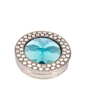 Round purse holder hook with silver base, blue oval rhinestone centerpiece, clear stone rim