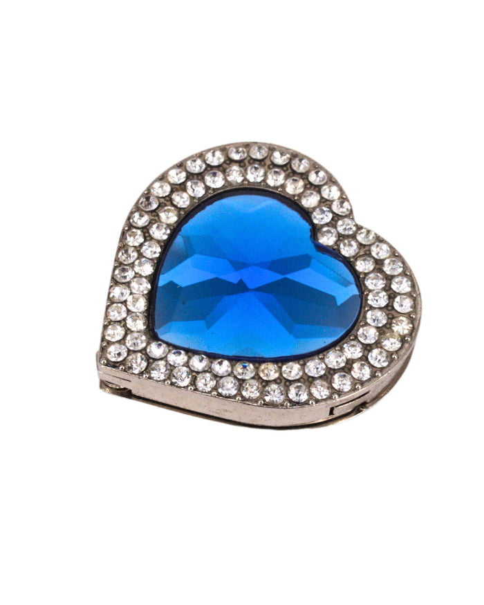 Heart-shaped rhinestone purse holder hook with blue gemstone center, silver-toned frame
