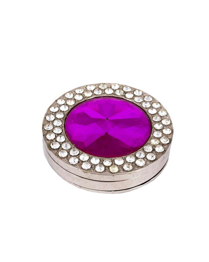 Round purse holder hook with silver base, purple oval rhinestone centerpiece, clear stone rim