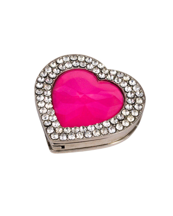 Heart-shaped rhinestone purse holder hook with pink gemstone center, silver-toned frame