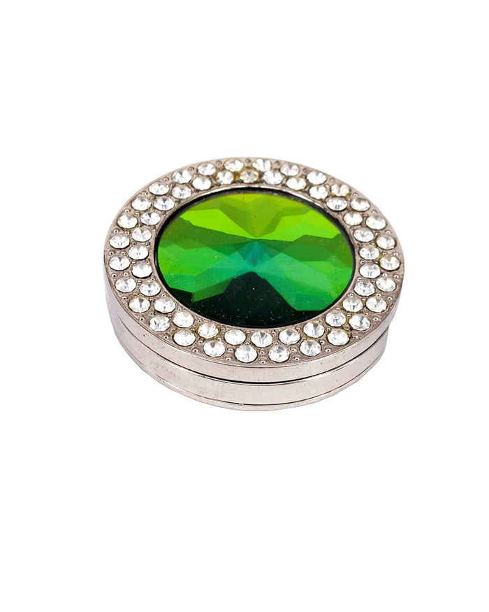 Round purse holder hook with silver base, green oval rhinestone centerpiece, clear stone rim