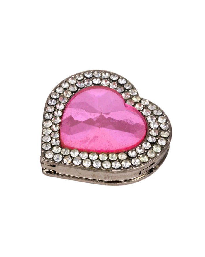 Heart-shaped rhinestone purse holder hook with rose pink gemstone center, silver-toned frame