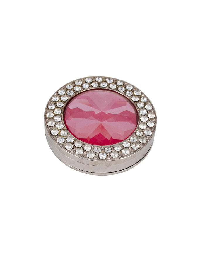 Round purse holder hook with silver base, pink oval rhinestone centerpiece, clear stone rim