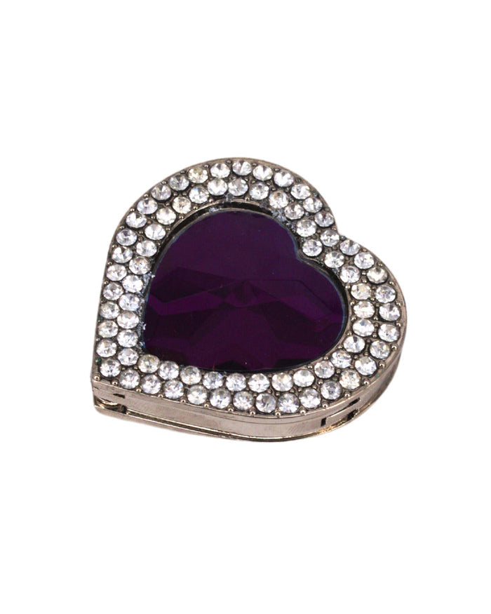 Heart-shaped rhinestone purse holder hook with dark purple gemstone center, silver-toned frame