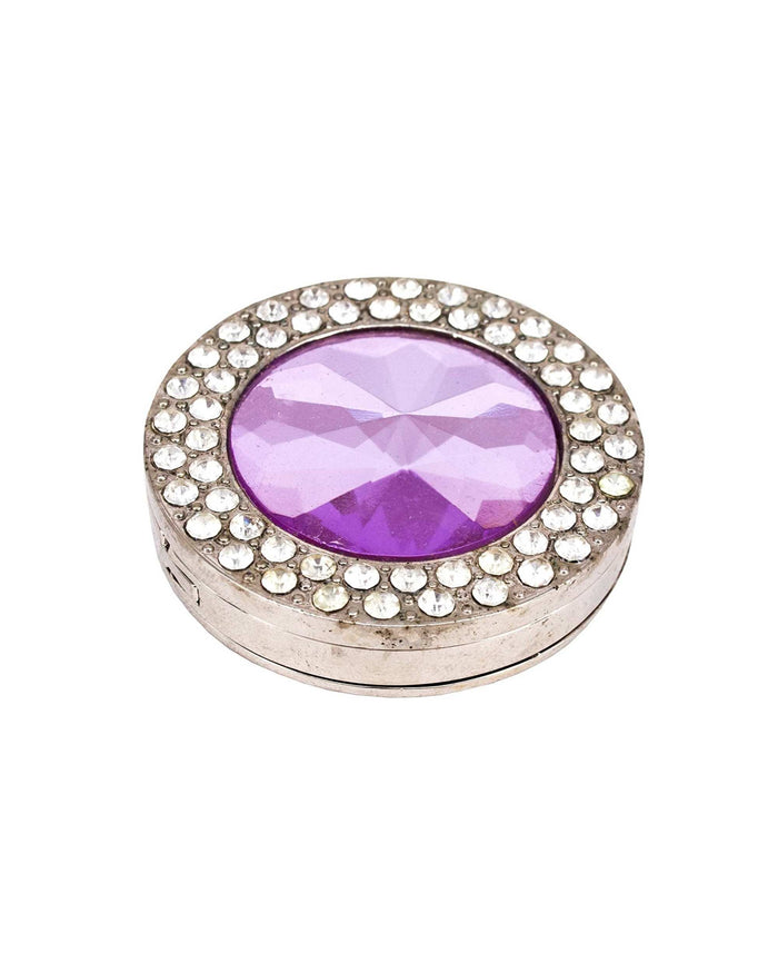 Round purse holder hook with silver base, lavender oval rhinestone centerpiece, clear stone rim