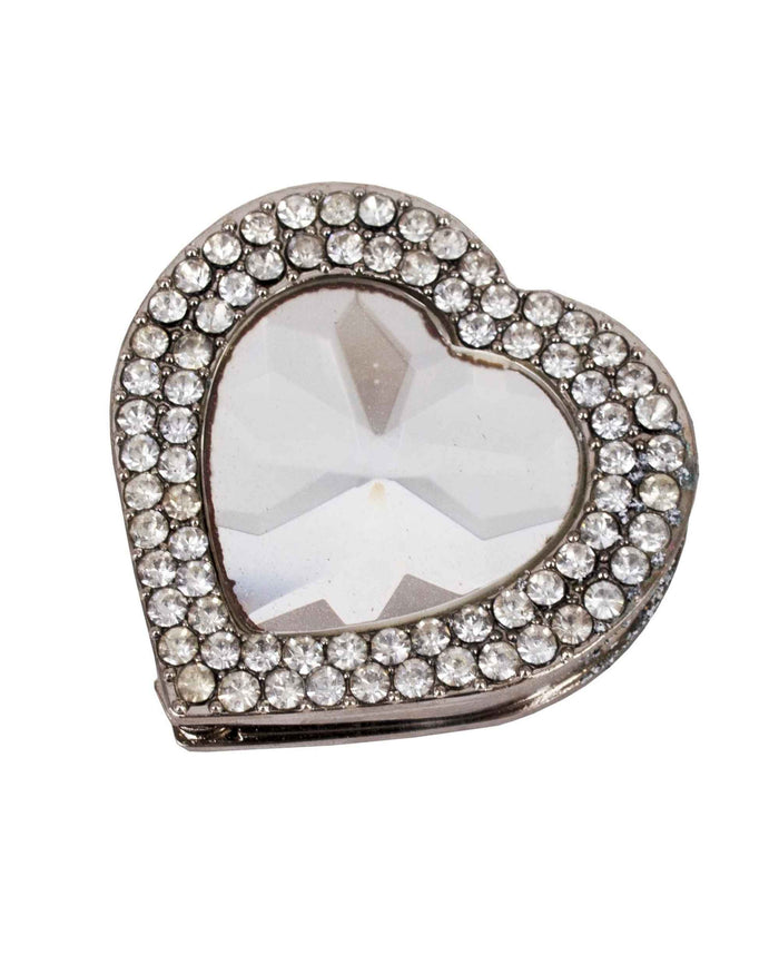 Heart-shaped rhinestone purse holder hook with clear white gemstone center, silver-toned frame