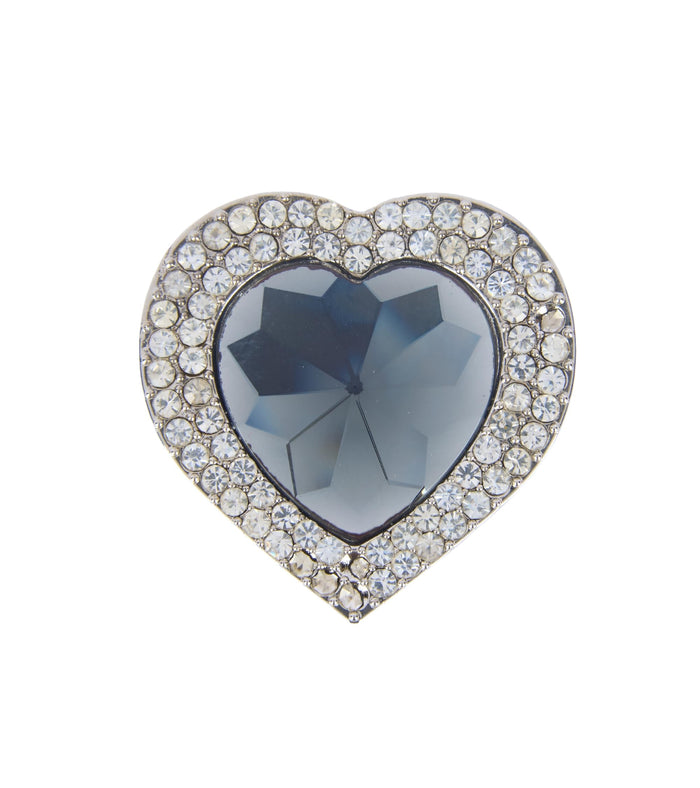 Heart-shaped rhinestone purse holder hook with gray-blue gemstone center, silver-toned frame
