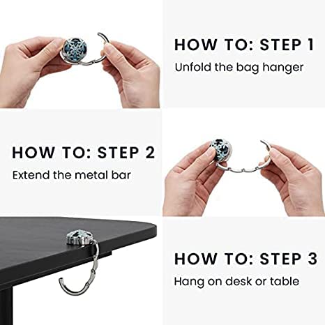 Foldable purse holder hook being unfolded by hands, showing extended metal bar and hook