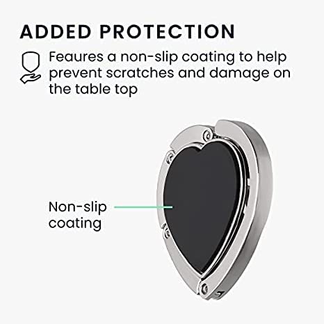 Heart-shaped purse holder hook with non-slip coating shown on the back plate, silver tone