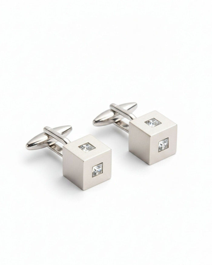 Silver cube cufflinks with clear crystal inlay, square fronts and bar backs