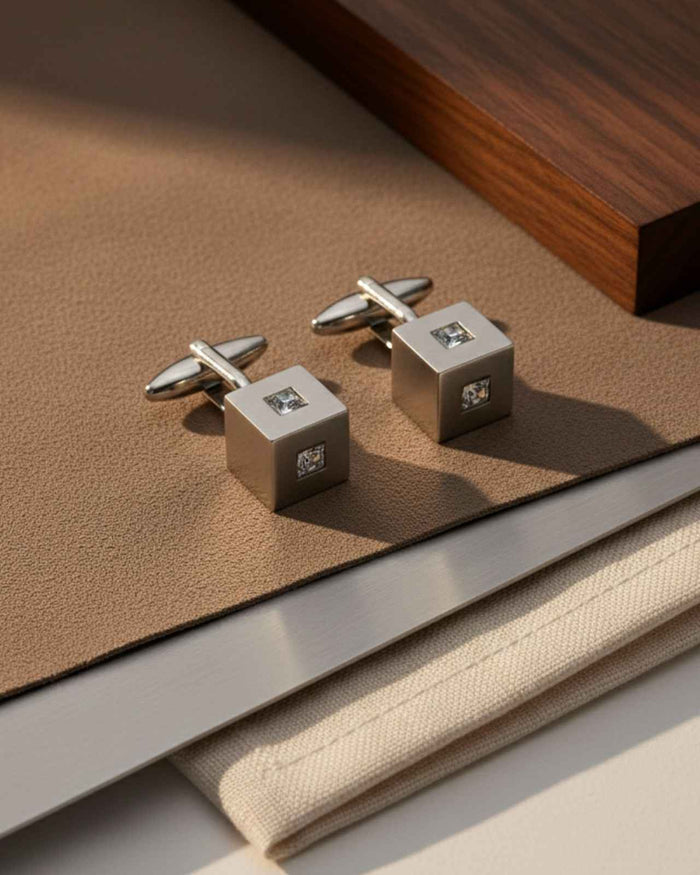 Silver cube cufflinks with clear crystal inlay, square fronts with polished bar backs