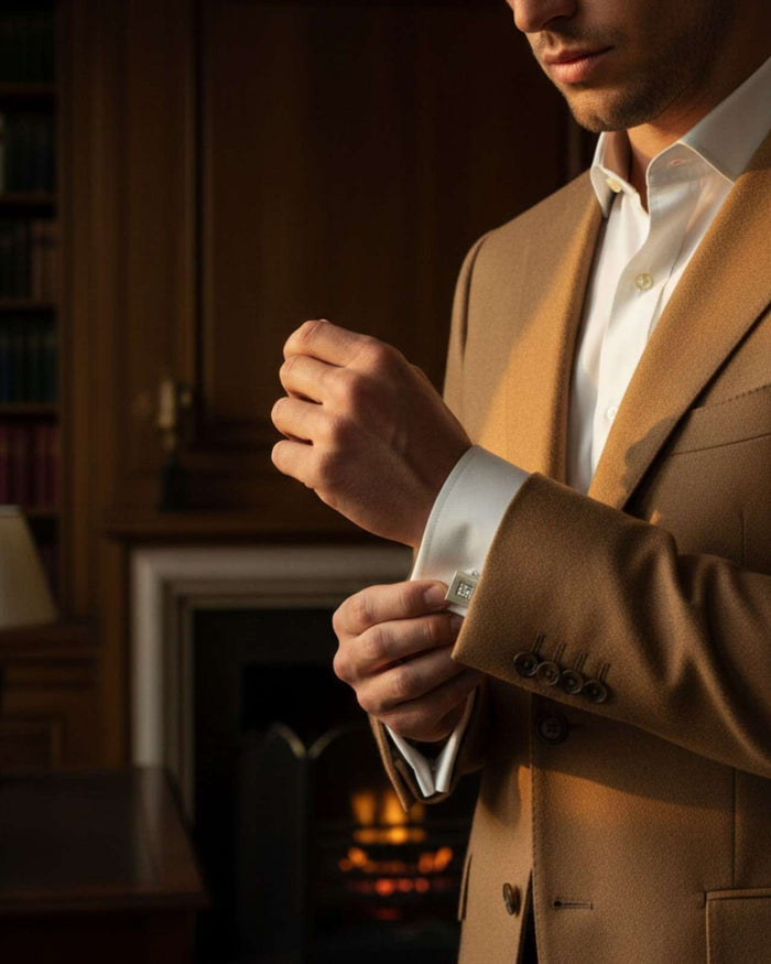 Silver cube cufflinks with clear crystal inlay worn on a suit cuff