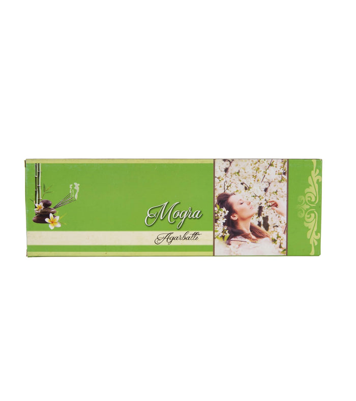 Mogra agarbatti incense sticks, green gift box with floral design and three-pack