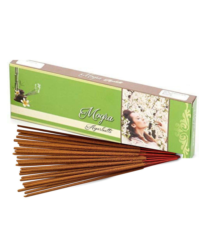 Mogra agarbatti incense sticks bundle, open green box with three packages and sticks