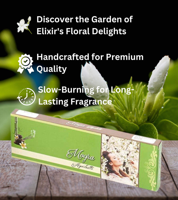 Mogra agarbatti incense stick pack, green box with botanical design on stone surface
