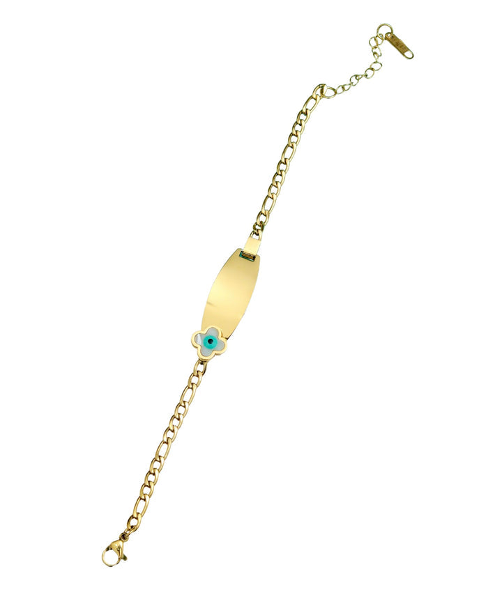 Gold-plated evil eye bracelet with blue enamel eye charm and linked chain, clasp