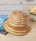 Striped summer sun hat in beige and rust tones with wide brim