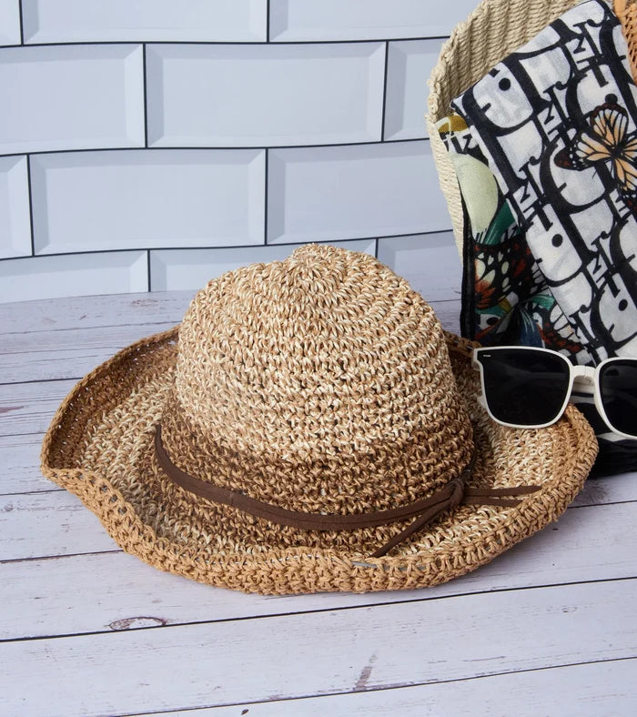 Textured woven holiday hat with wide brim, dark brown band, warm brown duo-tone
