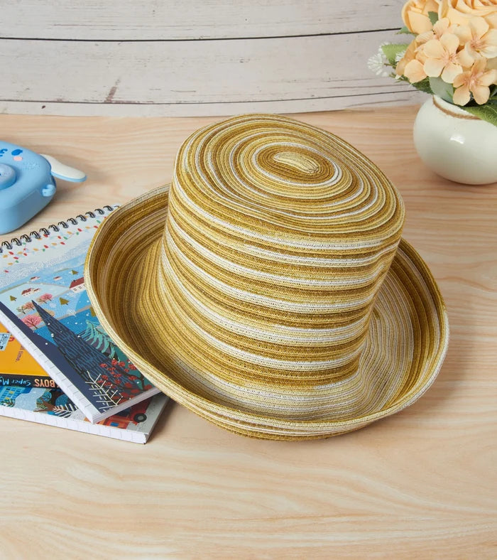 Mustard and beige striped straw wide-brim hat with curled brim