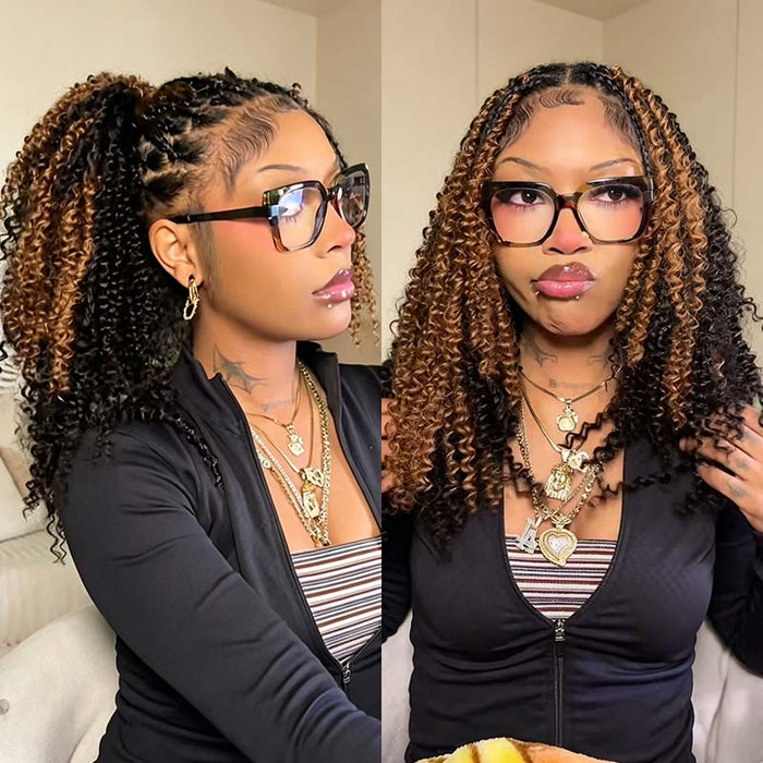 QVR Brown Highlight Crochet Hair Small Kinky Curly #1B+#30 Machine Made Feather Human Hair Extension