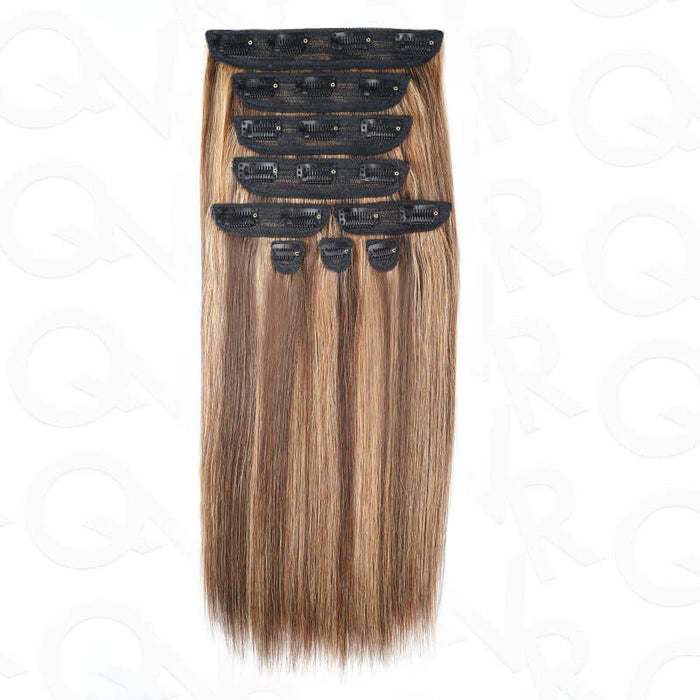 silky straight human hair clip ins with #P4/27 highlights
