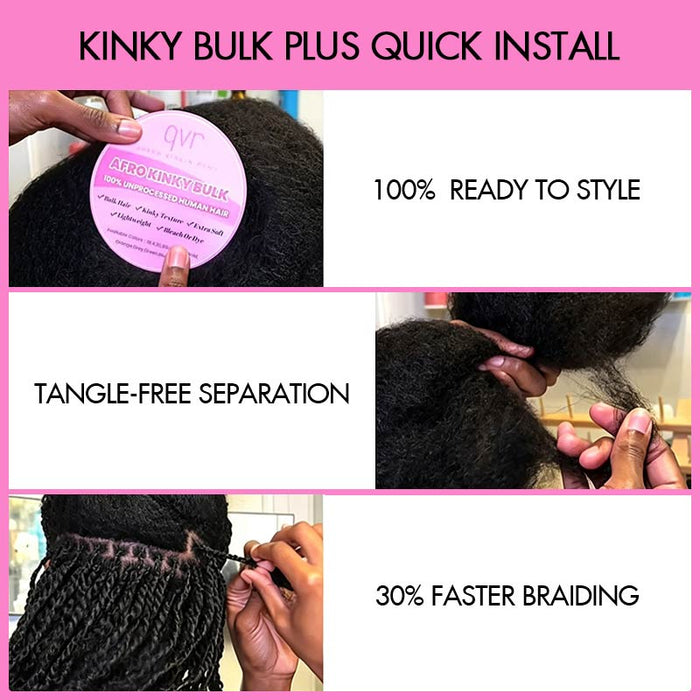 QVR Premium Upgraded Afro Kinky Bulk Human Hair for Braiding & Mini Twists