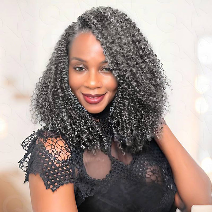 QVR Salt&Pepper Crochet Hair Small Kinky Curly Machine Made Feather Human Hair Extension