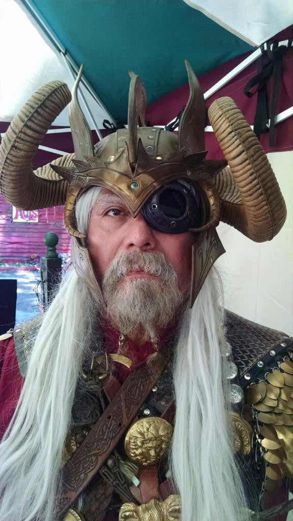Model wearing Raven's Skull Hair Bead - Copper Finish Viking Hair Accessory