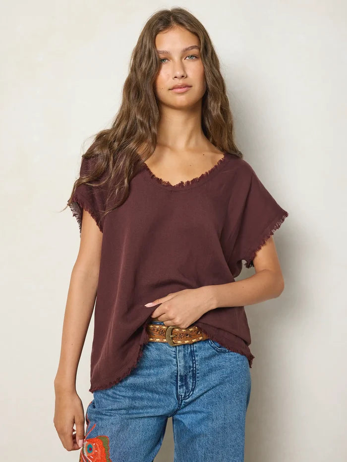 Raw Edge V-Neck Top - Brown-view 1