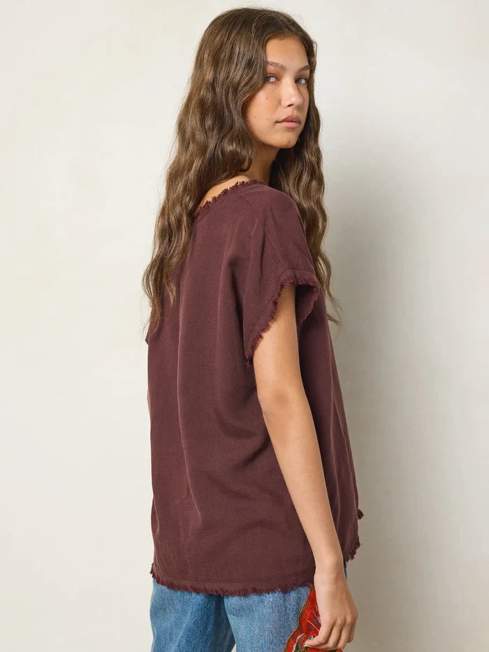 Raw Edge V-Neck Top - Brown-view 2