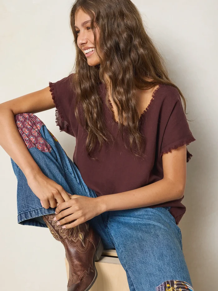 Raw Edge V-Neck Top - Brown-view 3