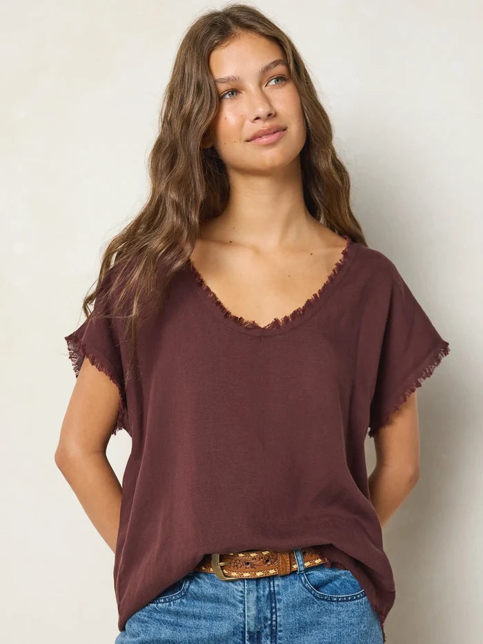 Raw Edge V-Neck Top - Brown-view 4